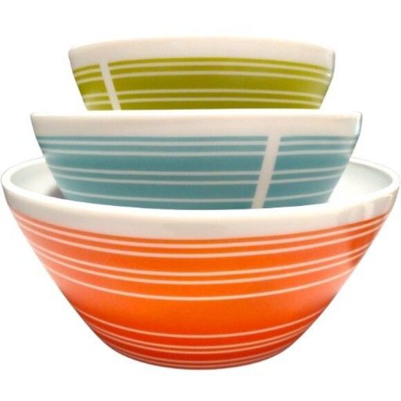 Vintage Charm Inspired by Pyrex Memory Lane New 3 Bowls Striped Red Blue Green - Picture 1 of 11